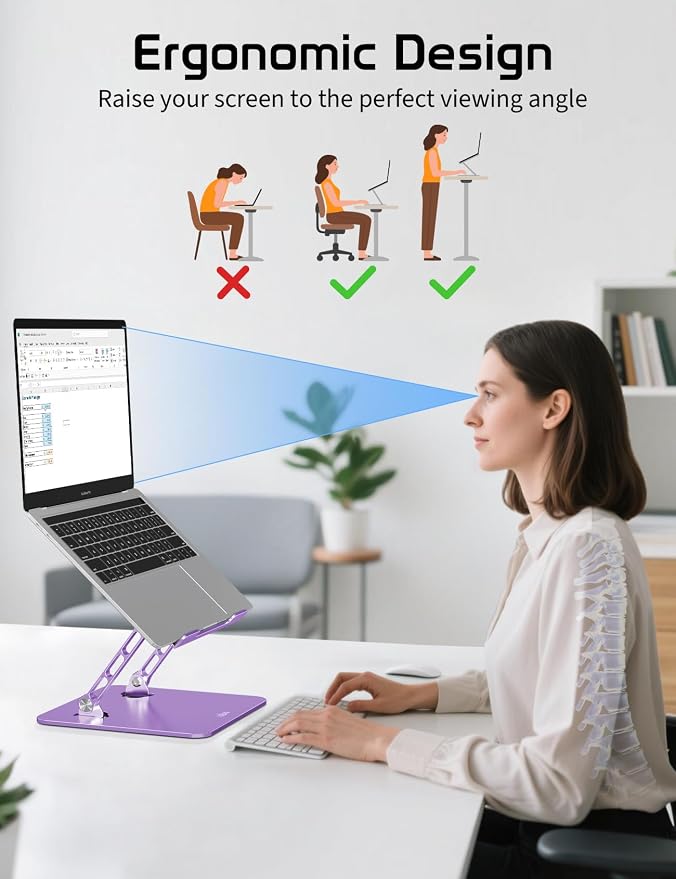 Adjustable Aluminum Laptop Stand for Desk,Ergonomic Riser, Purple | Open Ventilated Design, Fits MacBook Pro/Air & 10"-16" Laptops, Stable Support for Office, Home & Travel - Image 4