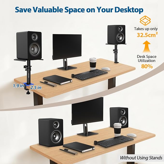 Vondynote Set of 2 Desktop Clamp Speaker Stands Short Studio Monitor Stands Height Adjustable | Height Adjustable 9"-14", Desk Mount, for Monitor Speakers Laptop Projector CD Player - Image 3