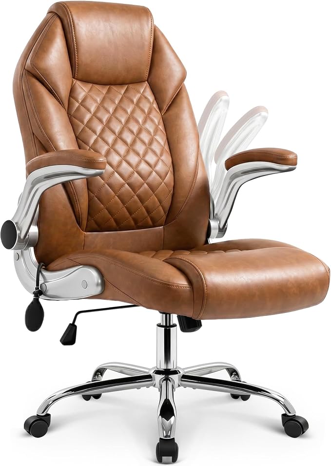 NEO CHAIR Executive Leather Chair, Ergonomic Office Chair, Lumbar Support | Brown Ergonomic Office Chair with High Back, Flip-Up Arms and Wide Seat, Comfortable Gaming Chair with Wheels for Back Pain by NEOCHAIR