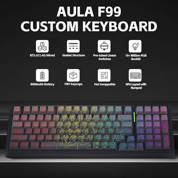 Aula F99 Keyboard Gaming,Wireless Mechanical Keyboards Creamy Sound | Computer Bluetooth Keyboard Full Size Hot Swappable RGB Backlit w/8000mAh Battery,Gradient Grey Tri-Mode BT/2.4GHz/USB - Image 2