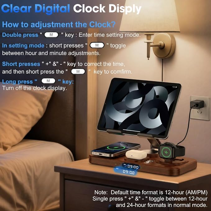 6 in 1 Wireless Charger for Apple Multiple Devices, Charging Station with Clock &7 Color Ambient Light, Foldable Rotate Stand for iPad, for iPhone17/16/15, Support for Apple Watch11/10 For AirPods4 - Image 5