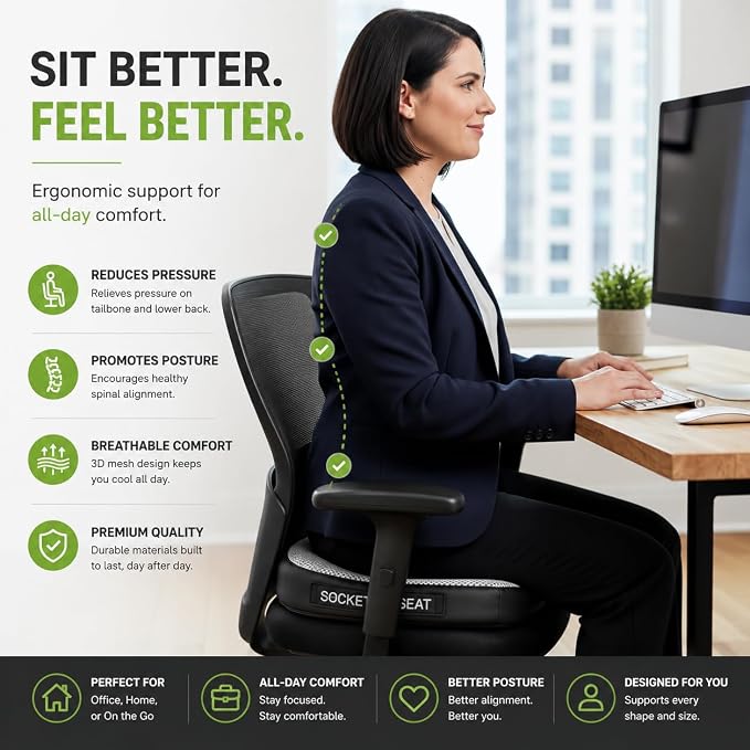Socket Seat Cushion for Sit Bone, Ischial Tuberosity & Tailbone Pressure Relief – Ischial Bursitis, Hamstring & Piriformis Support – Firm Memory Foam Seat Cushion for Office Chair & Car - Image 5