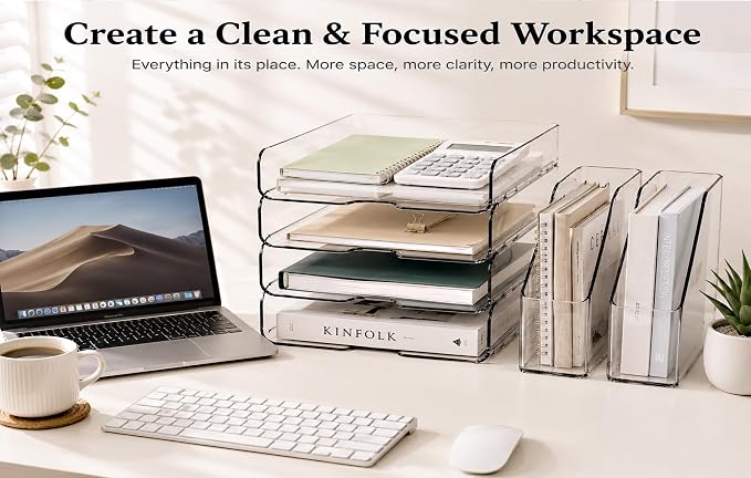 DCA 4 Tier Clear Desk Organizer, Letter Tray with 2 Magazine Holders | Stackable Desktop File Storage | Documents, Books & Supplies | Office & Home | Large Capacity - Image 5