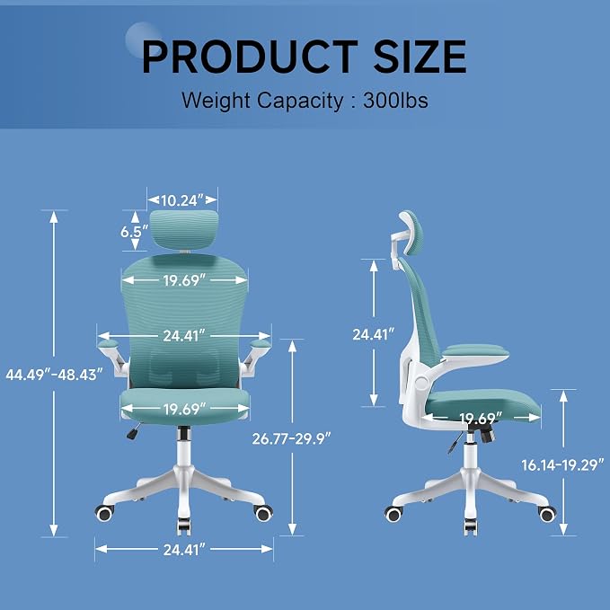 Ergonomic Office Chair with Adjustable Lumbar Support and Headrest, High Back Mesh Desk Chair for Home Office,Flip-Up Arms 90-120° Tilt Lock Rolling Swivel Task Chairs (White-Blue6065) - Image 2