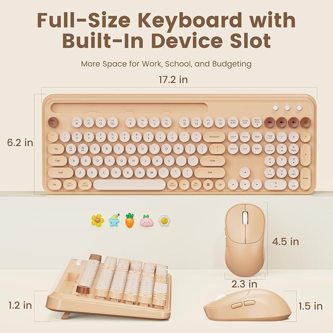 Wireless Keyboard and Mouse Combo, Retro Round Keycaps, Full-Size Typewriter Keyboard with Phone/Tablet Holder, Ergonomic Mouse with 3-Level DPI, 2.4GHz Connection for Windows/PC (Beige Colorful) | Full-Size Retro Typewriter-Style Keyboard, Tilt Legs, ... - Image 8