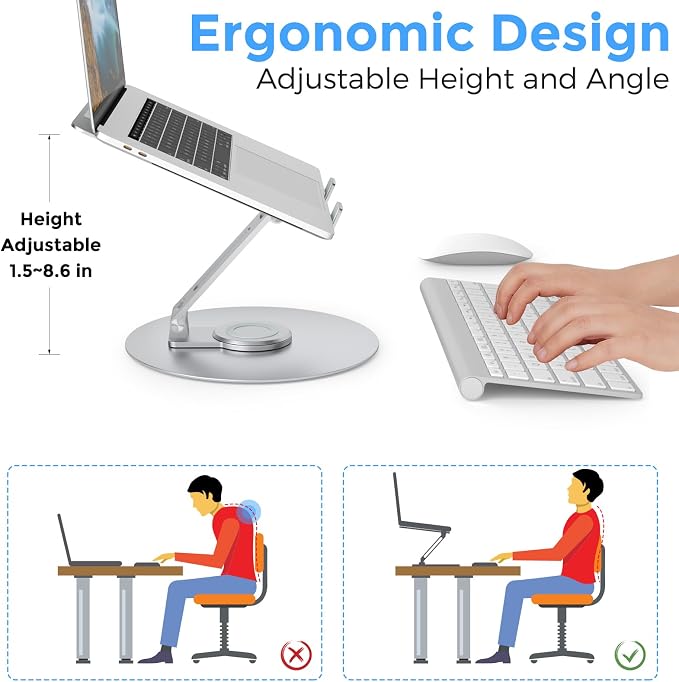 Swivel Laptop Stand for Desk, Adjustable Height Aluminum Computer Stand with 360 Rotating Base, Foldable Ergonomic Riser, Portable Laptop Holder Compatible with MacBook, All Laptops 10-17'', Chrome - Image 6