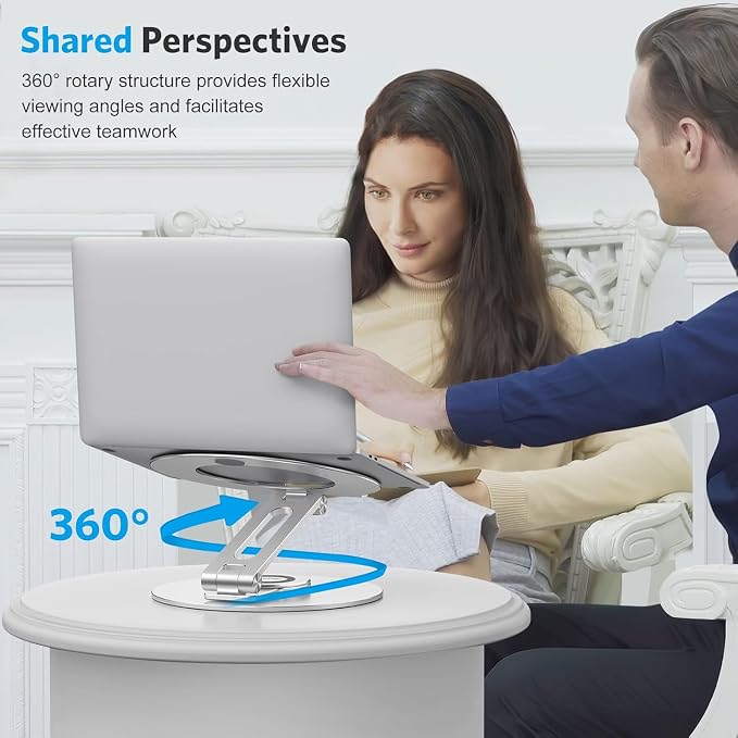 OMOTON Adjustable Laptop Stand for Desk 360° Rotating Base up to 17" Silver | Ergonomic Laptop Rise for Collaborative Work, Foldable Dual Shaft for Easy Storage, Fits for MacBook/Dell/HP - Image 4