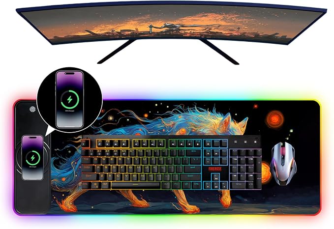 Wireless Charging RGB Gaming Mouse Pad, 31.5 x 11.8 Inch Extended Mouse Mat with Cosmic Wolf Art Design, LED Desk Pad with 7 Lighting Modes, Non-Slip Base for Gaming & Office - Image 4