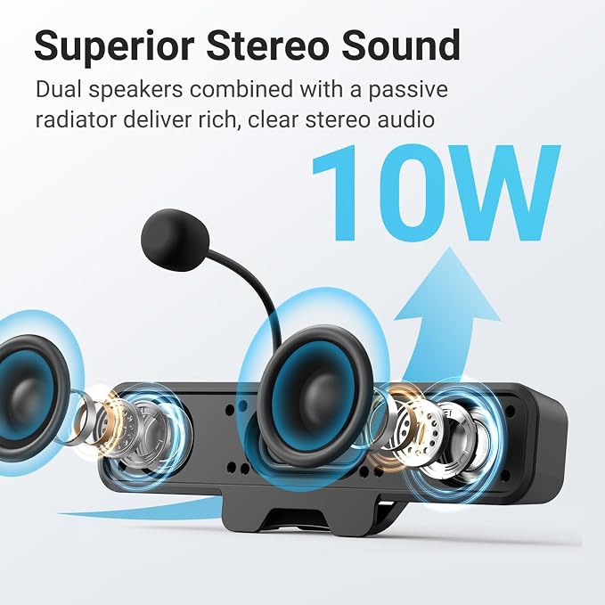 INGA Computer Speakers with Detachable Mic, Plug and Play Desktop Speakers, One-Touch Mute Microphone, Stereo & Bass, Easily Clamps to Monitor, Compatible with PC, MAC, Laptop - Image 3