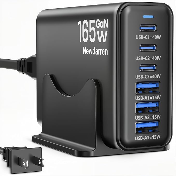 165W Charging Station, 6 Port Desktop Charger, 3 Ports 40W Black | Multi-Device Charger, 3 PD USB C 40W and 3 15W USB A, Compatible with iPhone, Galaxy, MacBook, Tablets, Home Office, Travel by Newdarren