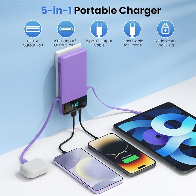 Portable Charger for iPhone,13800mAh Slim Power Bank with Built-in Cables & AC Wall Plug,All in One 4 Outputs USB C Fast Charging Battery Pack for iPhone 17/16/15/14,Android,Travel Essential (Purple) - Image 2