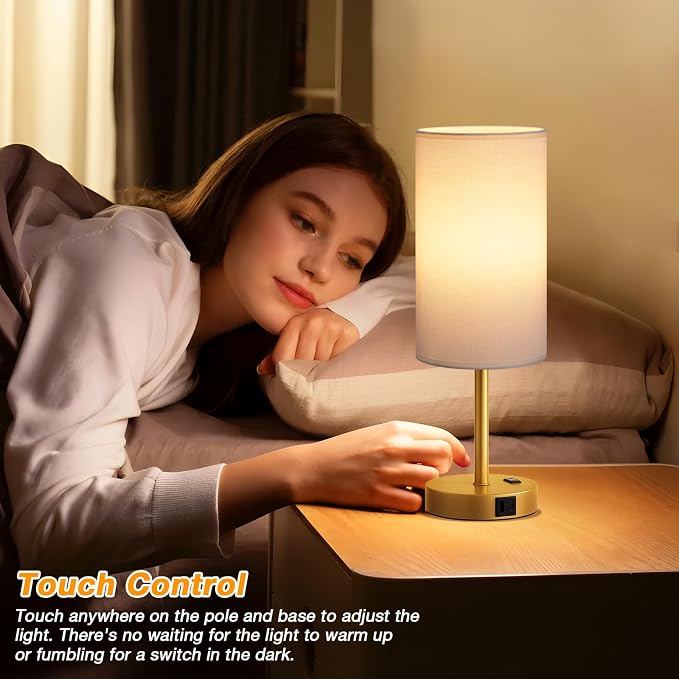 Dicoool 17.4" Bedside Lamp for Bedroom - Dimmable Touch, USB A+C, AC Outlet | LED Bulb Included, 3-Way Dimmable, 17.4" Table Lamp for Living Room, Dorm, White Fabric Lampshade, Gold Metal Base - Image 4