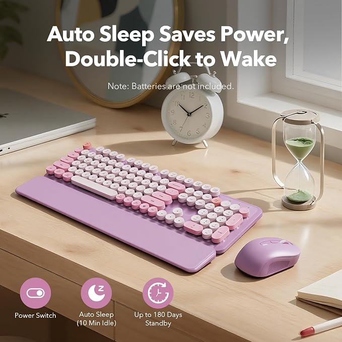 Wireless Keyboard Mouse Combo, Purple, Round Keycaps, Magnetic Wrist Rest | Full-size typewriter-style keyboard, 3 DPI mouse, auto sleep, 2.4GHz for Mac Windows PC laptop, lavender purple, Trueque CK23 - Image 5