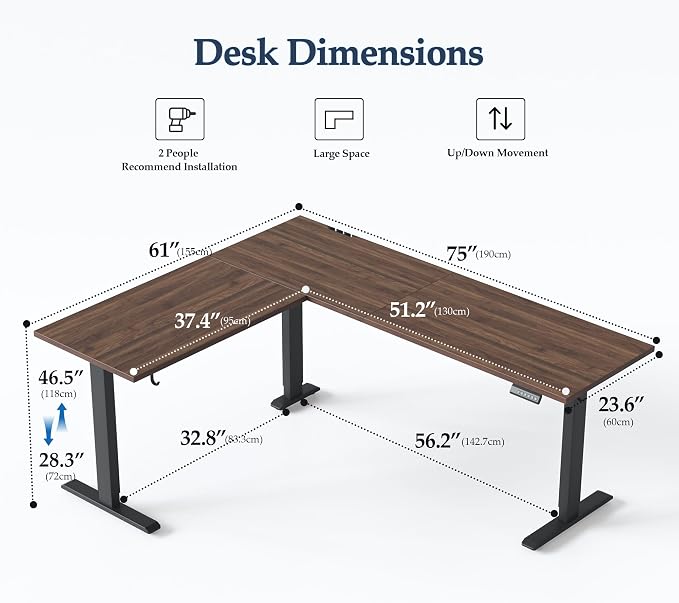 Klicelor L Shaped Standing Desk 75 x 61 Inch, Electric Height Adjustable Corner Desk for Home Office Workstation, Ergonomic Sit Stand Computer Table with Memory Controller, Dark Walnut - Image 3