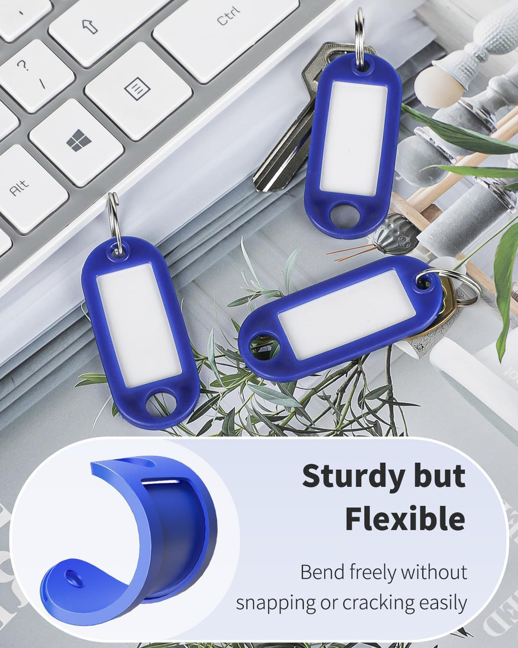 Uniclife 10 Pieces Key Tags 2 Inch Soft Plastic Key Chain Tags with Blank Paper Labels Clear Windows Protective Films and Split Rings Flexible Item Identifiers, Blue - Image 2