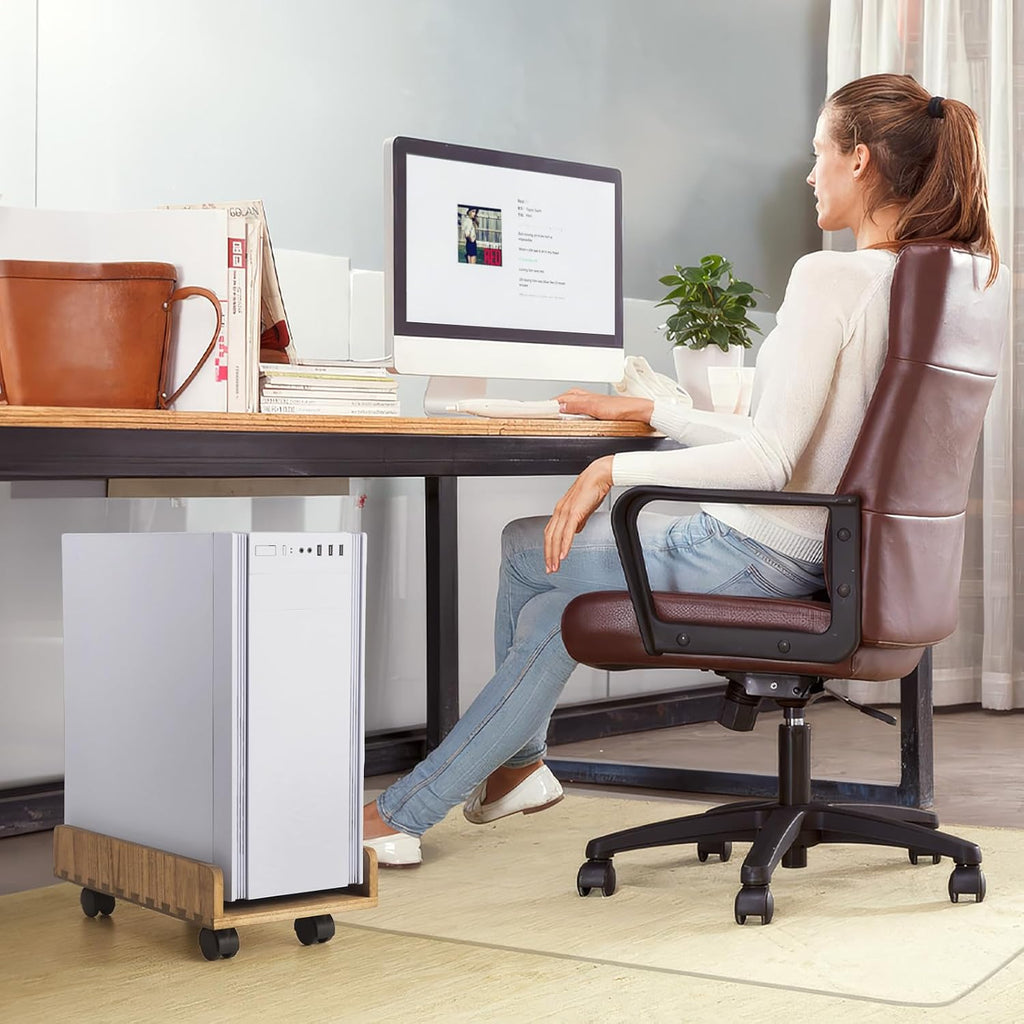 KIRIGEN Wood Computer Tower Stand with Wheels, Rolling PC Cart, Brown - Image 6