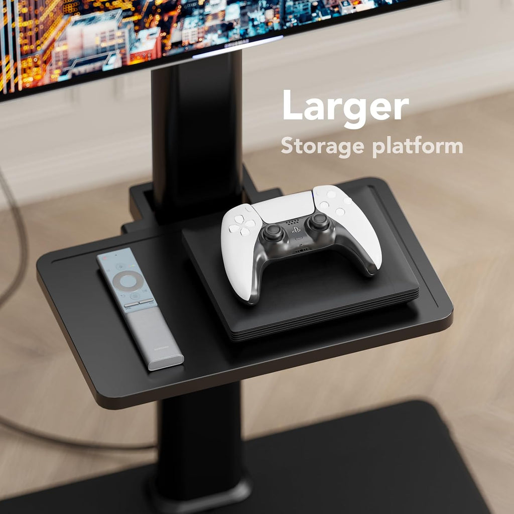 Mobile TV Stand with Power Outlets&Shelf, Floor Portable TV Stand with Wheels for 27-65Inch LCD LED OLED Flat/Curved Panel Screen, Swivel,Height Adjustable&Wood Base, RollingTV Cart Black - Image 6