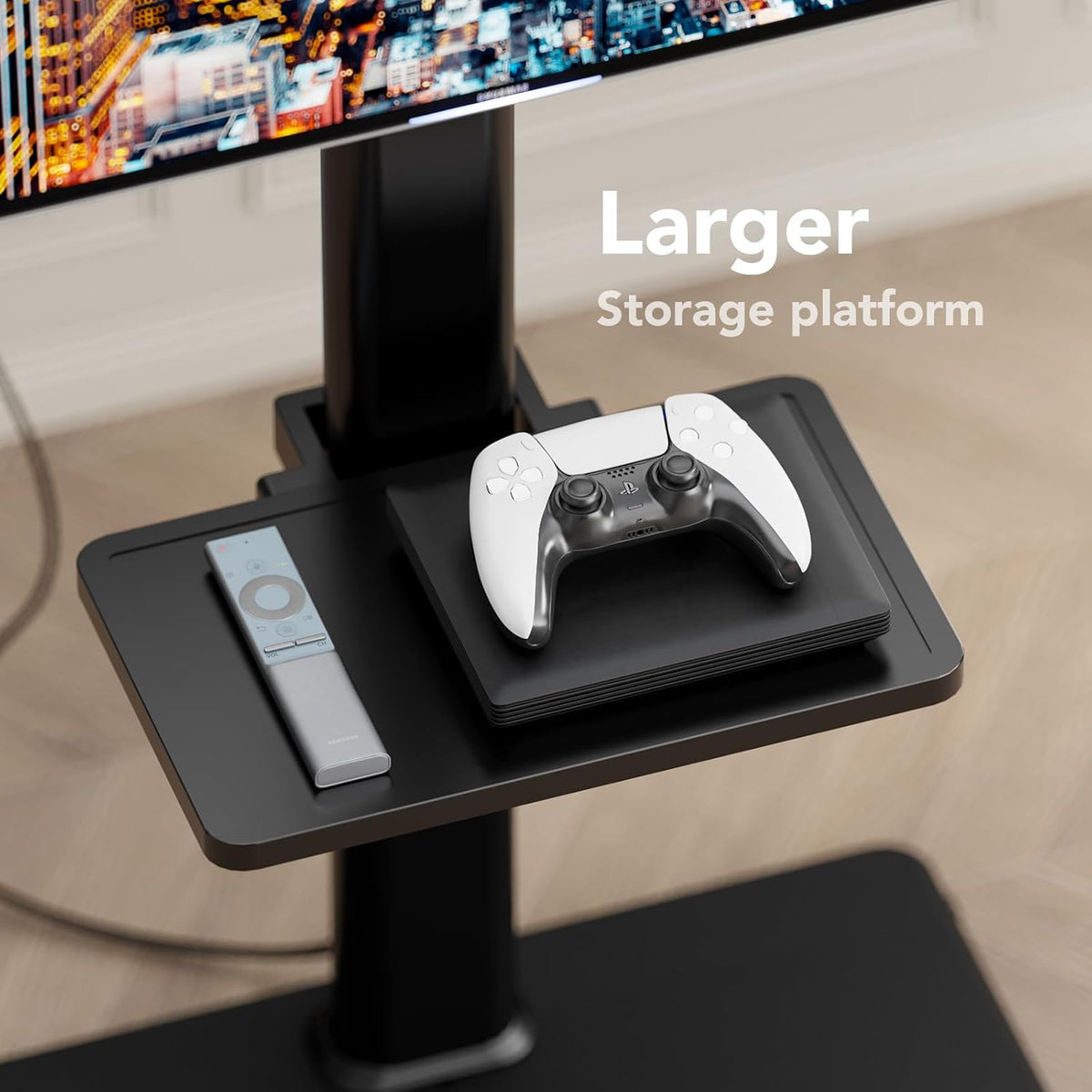 Mobile TV Stand with Power Outlets&Shelf, Floor Portable TV Stand with Wheels for 27-65Inch LCD LED OLED Flat/Curved Panel Screen, Swivel,Height Adjustable&Wood Base, RollingTV Cart Black - Image 6