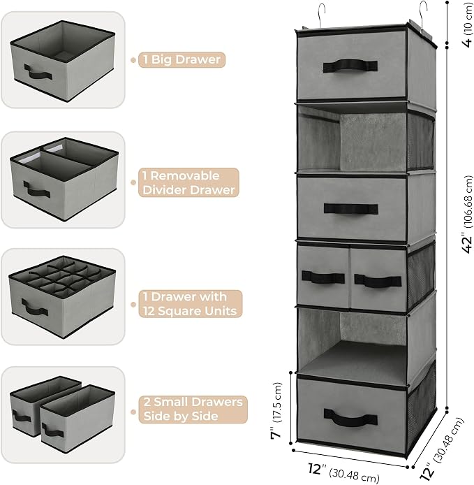 GRANNY SAYS Hanging Closet Organizer, 5 Drawers, 6 Shelves, 6 Pockets, Gray | Hanging Closet Organizer with 5 Different Drawer Designs, 6 Shelves & Reinforced Structure for Organized Small Spaces - Image 3