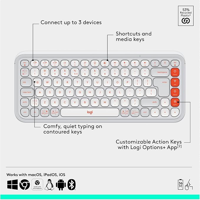 Logitech POP ICON Combo Wireless Bluetooth Keyboard and Mouse - White | Comfortable typing, programmable keys and buttons, quiet clicks, easy-switch up to 3 Bluetooth devices - Image 6