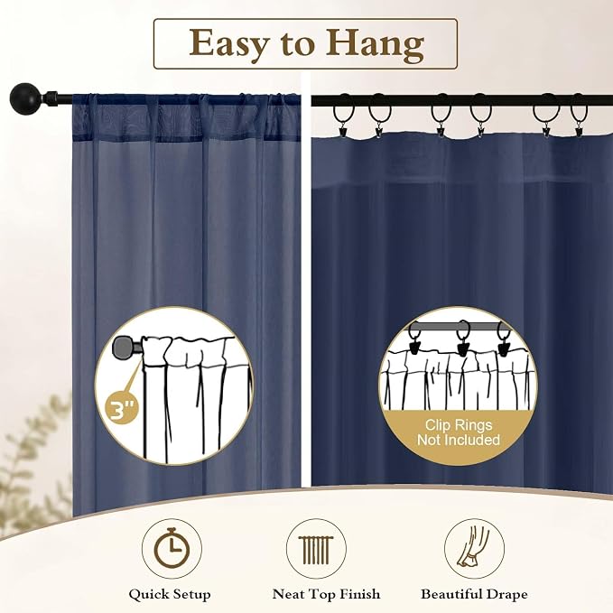 Navy Blue Sheer Curtains 63 Inch Length for Living Room 2 Panels | Light Filtering, Rod Pocket, Soft Airy Voile Sheer, Bedroom Window Treatments, Airy Soft Fabric,2 Pcs Each 42"W X 63"L - Image 6