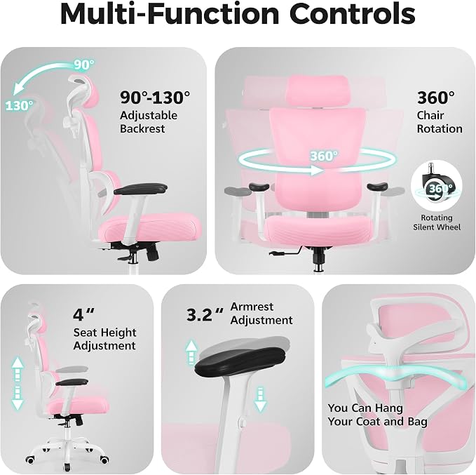 Ergonomic Office Chair High Back Desk Chair with Lumbar Support, Breathable Mesh Computer Chair with Adjustable Armrests Height, Reclining Swivel Big and Tall Gaming Chair for Home Office(Pink) - Image 8