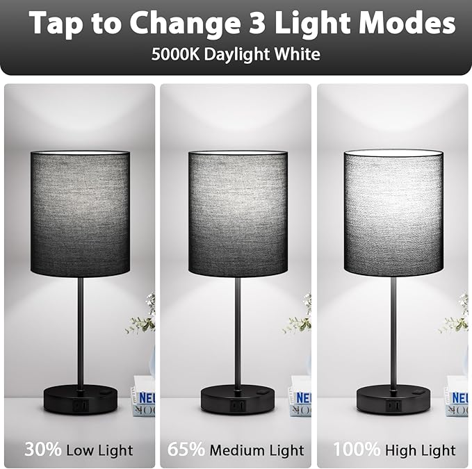 17.6" Black Touch Lamps for Bedroom Set of 2 - Dimmable, USB C+A, AC Outlet | Large 17.6" Tall Lamp, 3-Way Dimming, 5000K Daylight Bulbs, Black Lampshade Black Base, for Living Room, Boys, Men, Girls - Image 3