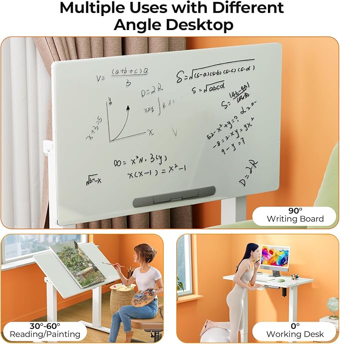 35" Glass Standing Desk, 90° Tilt Height Adjustable Drafting Table | White Foldable Whole-piece Electric Drawing Cart with 4 Lockable Wheels, Small Rolling Laptop Rising Workstation, Whiteboard - Image 5