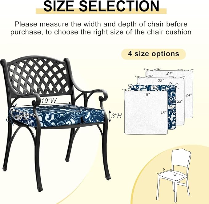 downluxe Outdoor Chair Cushions Set of 4, Waterproof 19" x 19" x 3" Patio Chair Cushion with Non-Slip Ties & Handle, Square Outdoor Cushion for Patio Furniture with Removable Cover, Blue Carp - Image 3