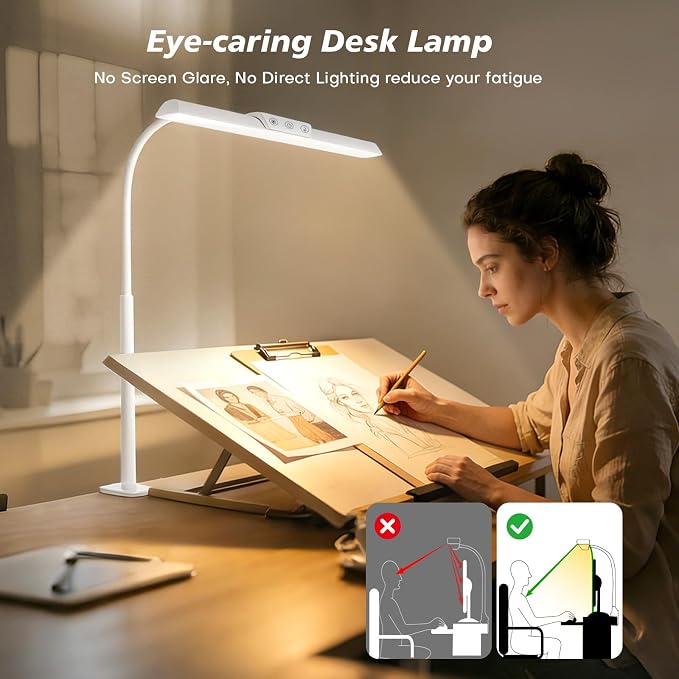 LED Desk Lamp for Office Home, Stepless Dimming Architect Desk Light with DC Adapter, Eye-Caring Desk Lamp with Clamp, 25 Lighting Modes Adjustable 12.8in Flexible Gooseneck for Workbench(White) - Image 8