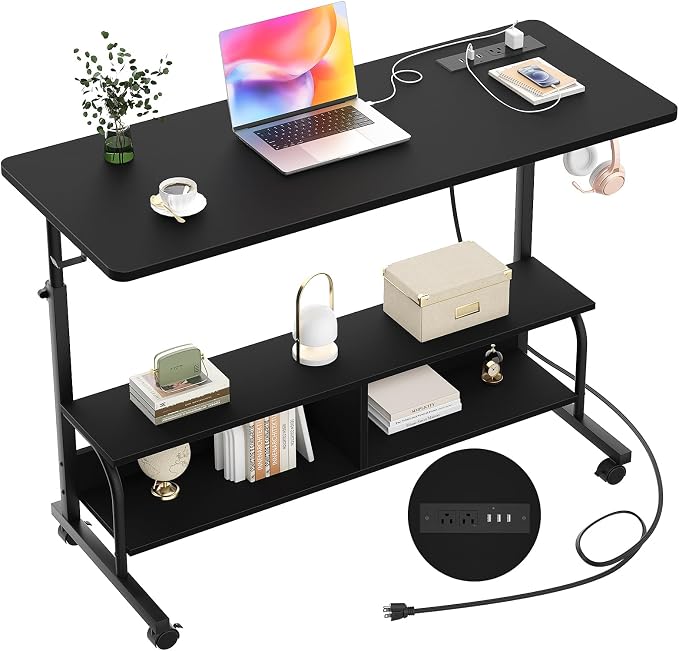 47" Rolling Standing Desk with Charging Station for Couch Bed | Height Adjust 27.5-41", 2 AC/3 USB, Mobile 4 Lockable Wheels, 2-tier Shelves Hook, Safe Corner Fast Assembly by Armocity