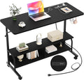 47" Rolling Standing Desk with Charging Station for Couch Bed | Height Adjust 27.5-41", 2 AC/3 USB, Mobile 4 Lockable Wheels, 2-tier Shelves Hook, Safe Corner Fast Assembly by Armocity