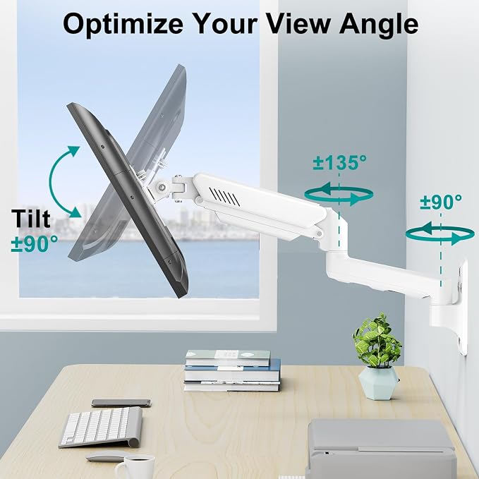 Single Monitor Wall Mount Fits 17-32" Computer Screens. White | Single Wall Arm Holds up to 19.8lbs, Height Adjustable Gas Spring Wall Stand Tilt, VESA Mount 75/100 - Image 4