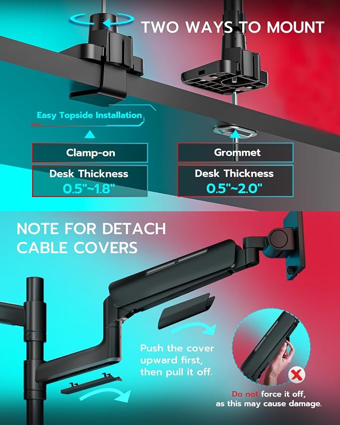 ARES WING Dual Monitor Mount with USB for 17-49 Inch Screen, Black | Ultrawide Heavy Duty Computer Monitor Arm Desk Mount for Curved Screen, Gas Spring Adjustable Vesa Stand - Image 8