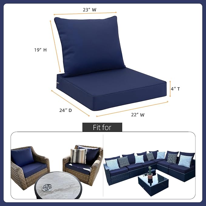 Favoyard Outdoor Patio Seat Cushions Set, 22 x 24 Inch, Waterproof, Blue | Fade-Resistant, Removable Cover, Deep Seat & Back Cushion, Tie Straps for Patio Furniture, Garden, Rocking Chair, Sofa Couch - Image 2