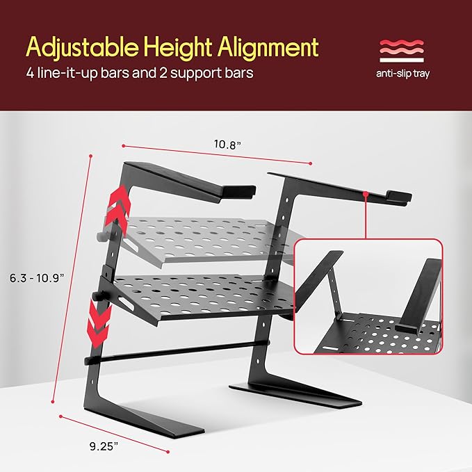 Pyle Adjustable DJ Laptop Stand with Two-Tier Storage Shelf – Portable Table for Laptop, CD Player, DJ Controller, EFX/Lighting Gear, 4 Heights, Durable, 8 lb Capacity - Image 5