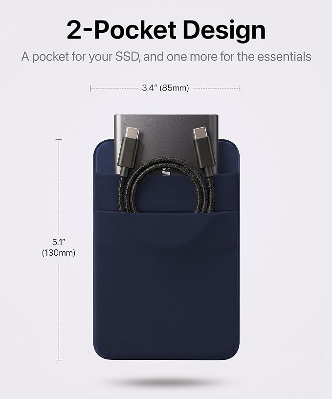 2-Pocket SSD & Hard Drive Holder for Laptop, Reusable 3M Adhesive | Stick-On Sleeve for Portable SSDs | 5.1 x 3.4-Inch Pouch | Separate Pocket for Cables | Built-In Safety Strap - Image 2