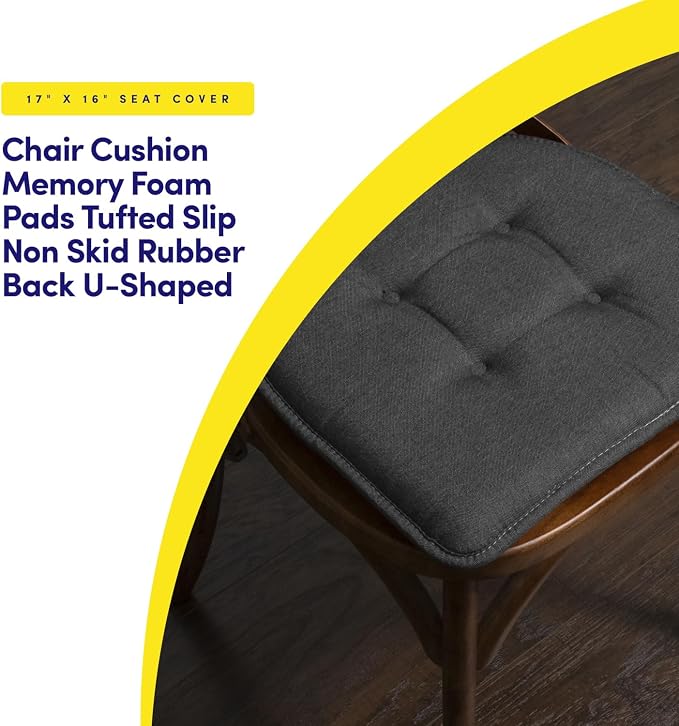 Sweet Home Collection Chair Cushion Memory Foam Pads Tufted Slip Non Skid Rubber Back U-Shaped 17" x 16" Seat Cover, 2 Count (Pack of 1), Charcoal - Image 3