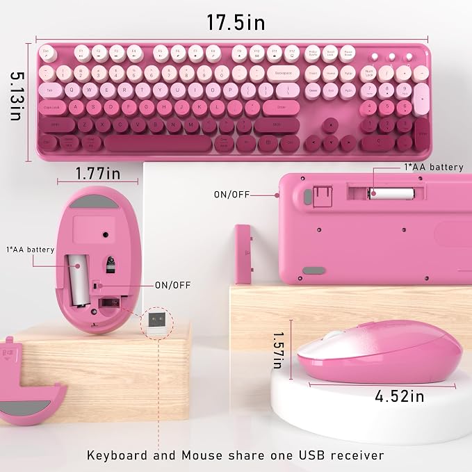 Links9+ Colorful Wireless Keyboard and Mouse Combo (Dark Pink Gradient) | Full-Size Retro Typewriter Style Keyboard with Vintage Round Keycaps, 2.4G Wireless Set for Windows, Mac, Laptop, PC, Desktop - Image 6
