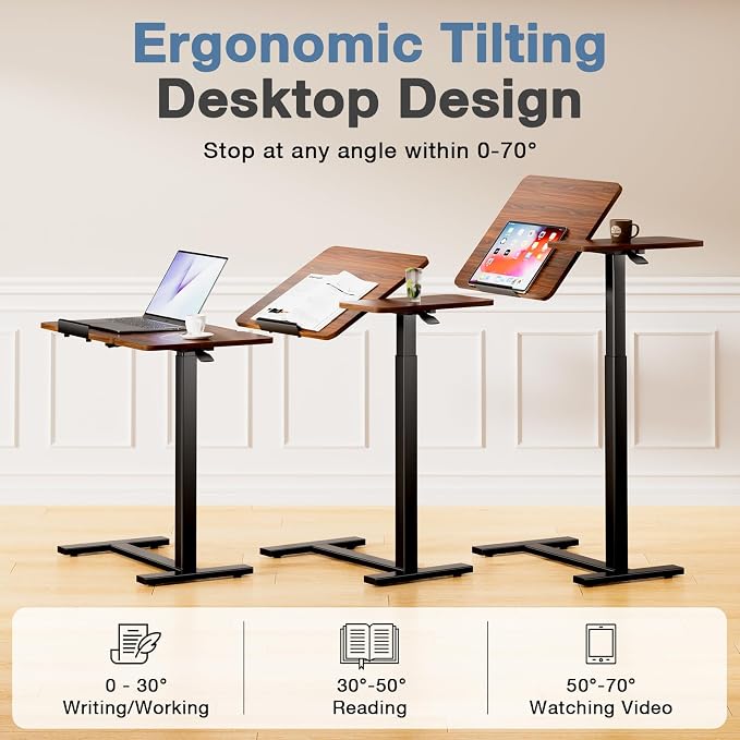 DUMOS Adjustable Bedside Overbed Table with Wheels, Brown | Laptop Standing Desk with Tilting Top Height, Mobile Rolling Computer Cart for Hospital Home Bedroom Use - Image 4