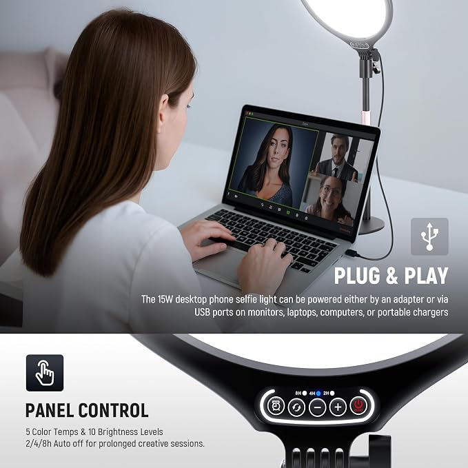 NEEWER Basics 10.5" Desk Ring Light with Stand/Phone Holder/Timer, 3000-6500K Full Screen 15W LED Selfie Panel Lighting for iPhone Recording Streaming Makeup Laptop Webcam Video Conference Zoom, R10 - Image 5