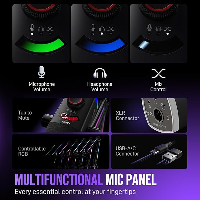 FIFINE AmpliGame AM8PROT Gaming Microphone Kit, XLR/USB Dynamic PC Mic | Streaming Mic Set with Boom Arm, RGB, Tap-to-Mute, Mix Control, Headphone Jack, Volume Knob for Podcast Recording - Image 6