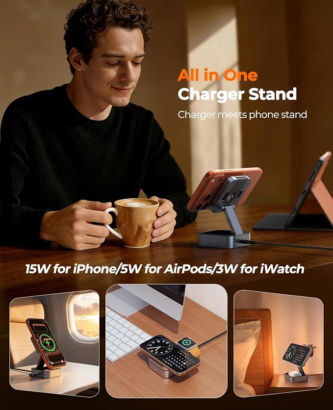 3 in 1 Wireless Charging Station for Apple Multiple Device, MagSafe Charger | Foldable Travel Compact, Charger Stand with 20W PD Adapter for iPhone 17/16/15/14/13, Apple Watch, AirPods Pro/4 - Space Grey - Image 6
