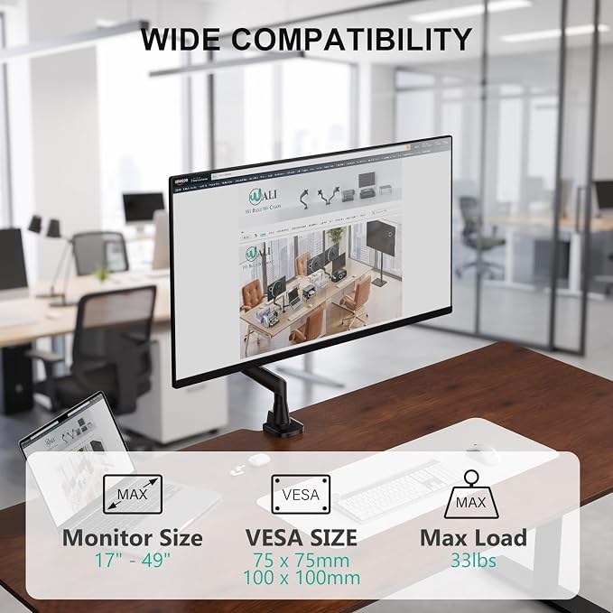 WALI Ultrawide Single Monitor Arm for 17-49 inch Curved Screen, up to 33lbs | Heavy Duty Monitor Desk Mount, Full Motion with Tilt, Swivel, Rotation, C-Clamp/Grommet Base, VESA 75/100mm (GSM001XLN),Black - Image 2