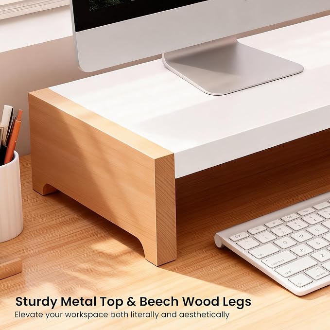 Monitor Stand Riser | White Metal & Wood Computer Monitor Stand Riser for Desk, Max Load Capacity 40LB - Image 3