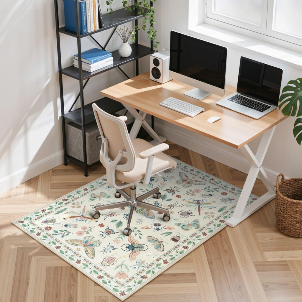 36"x48" Home Office Chair Mat for Hardwood Floor, Beige Under Desk Rug for Rolling Chairs, Anti-Slip Insect Print Desk Floor Mat for Offices Chair, Low Pile Office Rugs for Rolling Chairs by Anidaroel