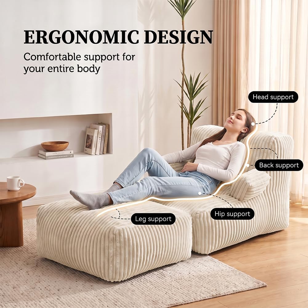 Giant Bean Bag Chair — Plush Faux Fur, Foldable Memory Foam Lounger, Removable Washable Cover for Living Room, Gaming & Lounge (Stripe White) - Image 5