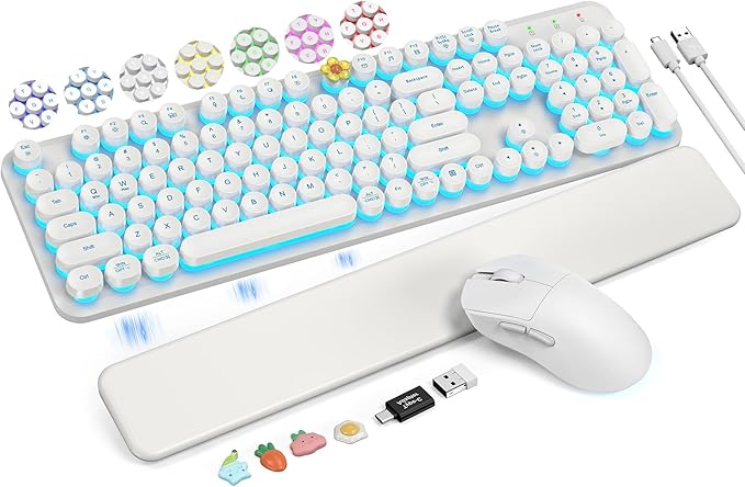Wireless Keyboard and Mouse Backlit - Typewriter, Magnetic Wrist Rest | Retro Round Keys, Light Up Letters, 2.4GHz Cordless Combo for Mac, Windows, PC, Laptop, Trueque CK23Pro [Upgraded] by Trueque