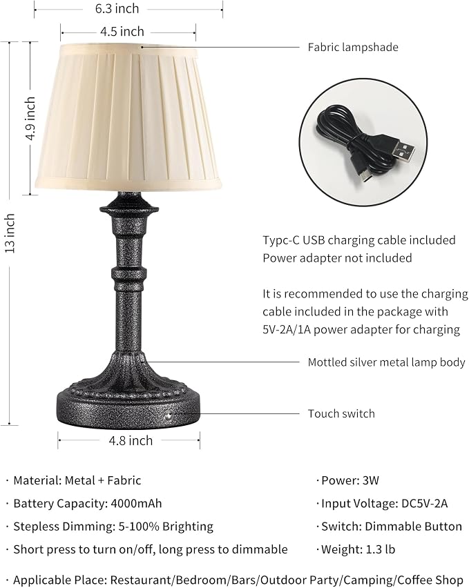 KDG Mottled Silver Cordless Table Lamps Set of 2, Beige Fabric Shade Light | 2700K Stepless Dimmable 4000mAh Battery Powered Portables Small Desk Lamp, LED Lighting for Living Room, Dining Room, Bedroom - Image 5