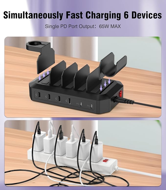 95W Fast Charging Station for Multiple Devices, 6-Port USB Charging Dock | Patent & Safety Certs, 2 PD Ports, With 8 Cables, 2 Stands, Compatible with Cellphones/iPad/MacBook/Kindle/Tablets - Image 6